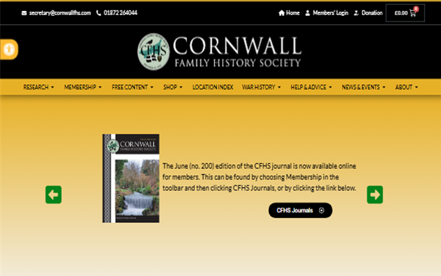 Cornwall Family History Society website screenshot